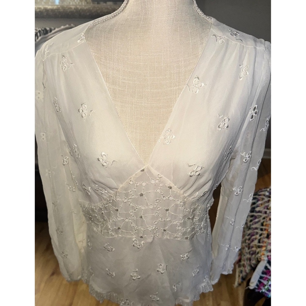 Vtg Y2K ECI New York Cream Silk Embroidered Eyelet V-Neck Blouse Top Large